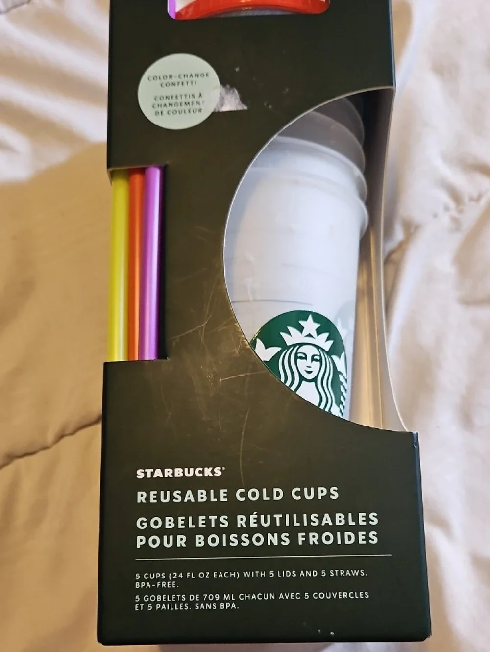 Starbucks White Reusable Cold Cup Set with Multicolor Confetti Straws